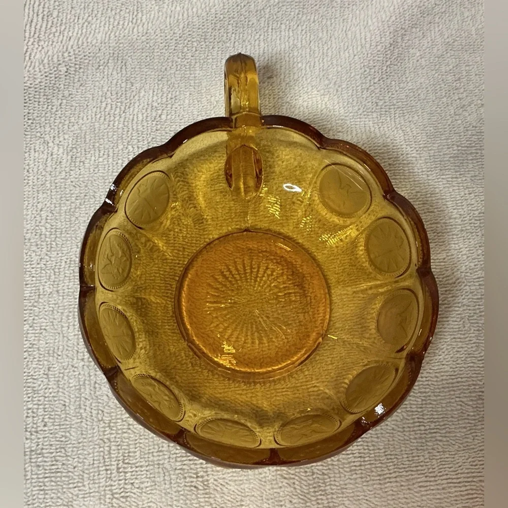 Fostoria Amber Coin Nappy Dish Glass 1887 Liberty Eagle Torch Pattern Handle Vtg
